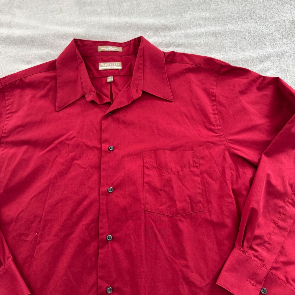 Van Heusen Mens Fitted Button Down Dress Shirt Red Poplin Long Sleeve XXL 34/35